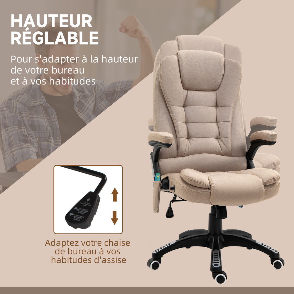 Fauteuil de bureau massant et chauffant, chaise de bureau, chaise ergonomique avec hauteur réglable, dossier inclinable et télécommande filaire, pivotant à 360° tissu en polyester marron-4