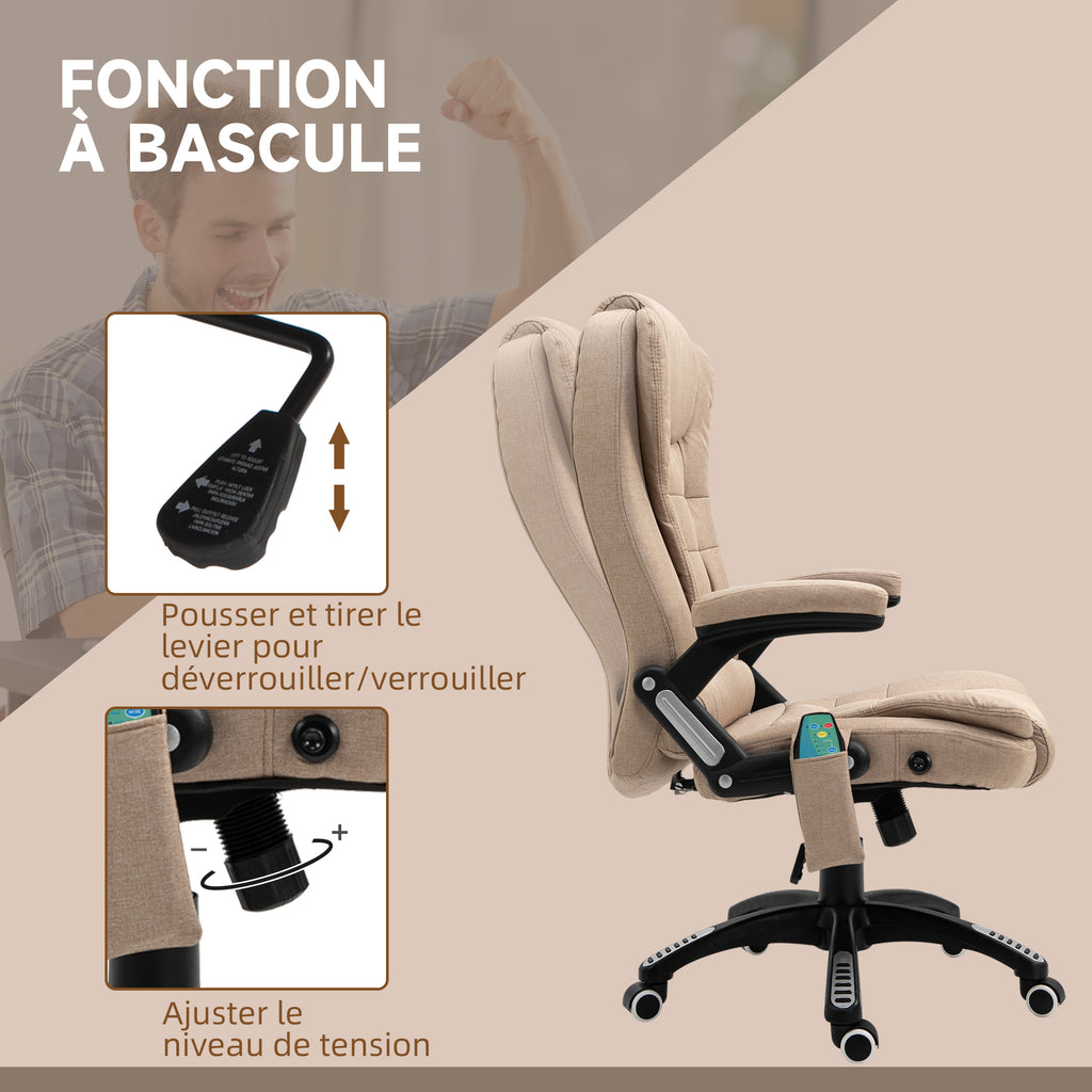 Fauteuil de bureau massant et chauffant, chaise de bureau, chaise ergonomique avec hauteur réglable, dossier inclinable et télécommande filaire, pivotant à 360° tissu en polyester marron-5