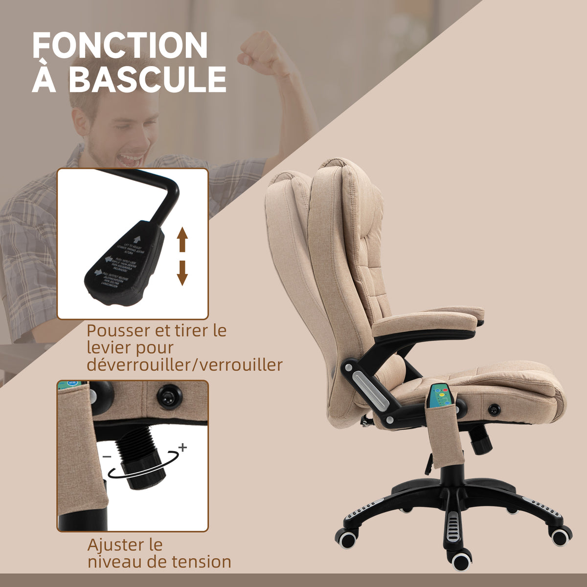 Fauteuil de bureau massant et chauffant, chaise de bureau, chaise ergonomique avec hauteur réglable, dossier inclinable et télécommande filaire, pivotant à 360° tissu en polyester marron-5