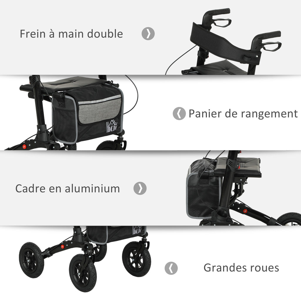Déambulateur 4 roues pliable, rollator en aluminium léger, siège rembourré, dossier, poignée réglable, 69x64x98,5cm noir