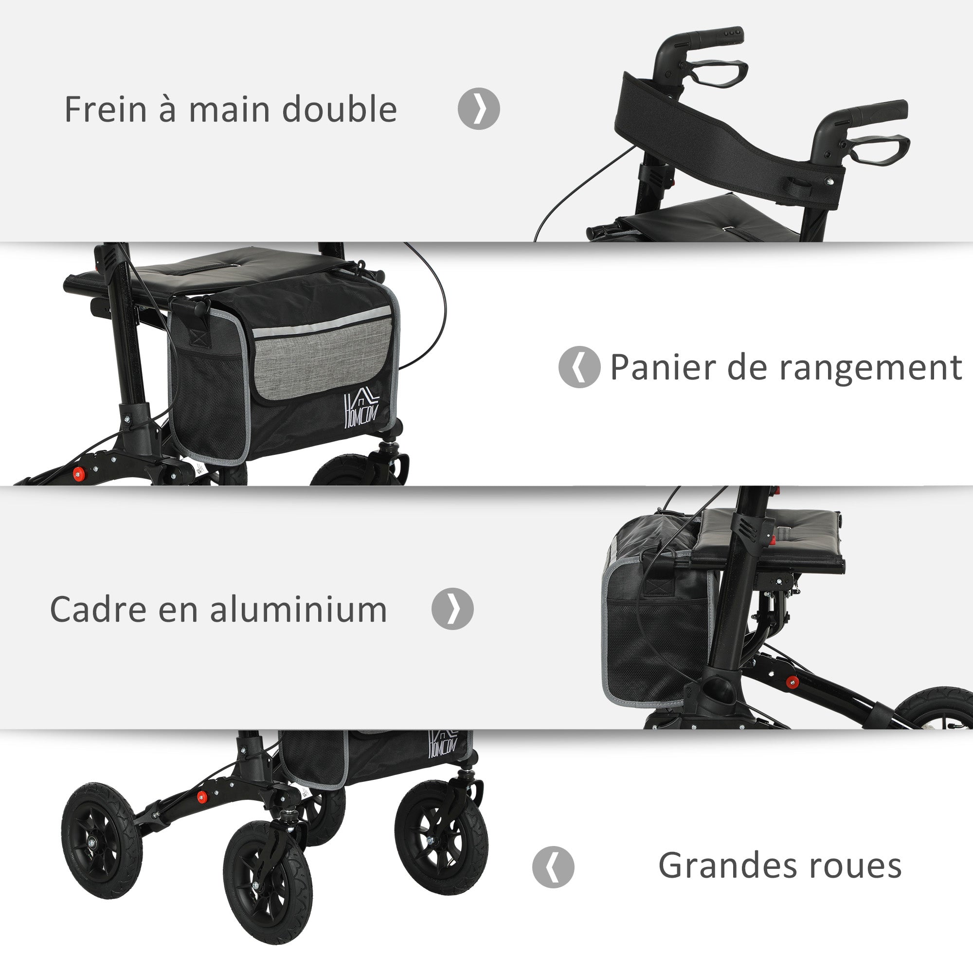 Déambulateur 4 roues pliable, rollator en aluminium léger, siège rembourré, dossier, poignée réglable, 69x64x98,5cm noir