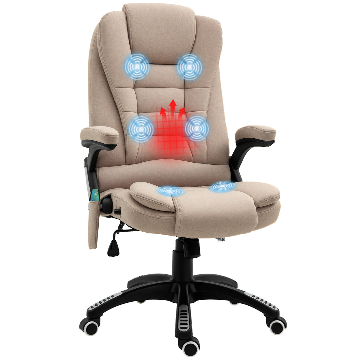Fauteuil de bureau massant et chauffant, chaise de bureau, chaise ergonomique avec hauteur réglable, dossier inclinable et télécommande filaire, pivotant à 360° tissu en polyester marron-0