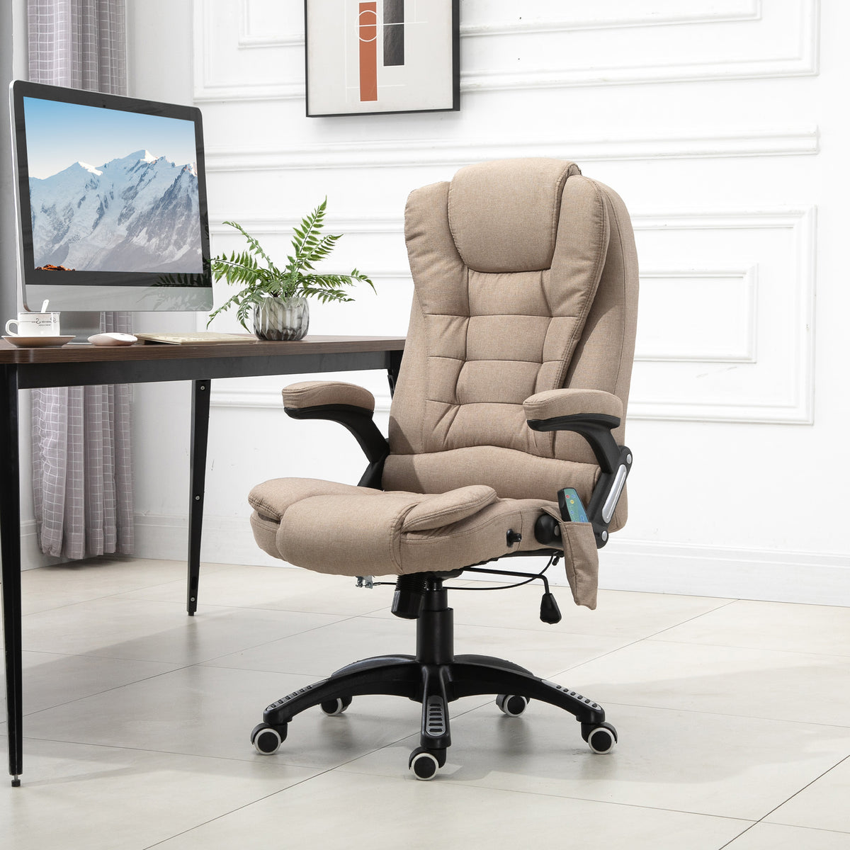 Fauteuil de bureau massant et chauffant, chaise de bureau, chaise ergonomique avec hauteur réglable, dossier inclinable et télécommande filaire, pivotant à 360° tissu en polyester marron-9