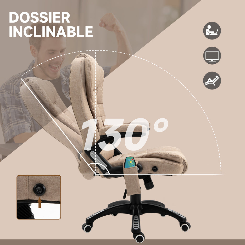Fauteuil de bureau massant et chauffant, chaise de bureau, chaise ergonomique avec hauteur réglable, dossier inclinable et télécommande filaire, pivotant à 360° tissu en polyester marron-6