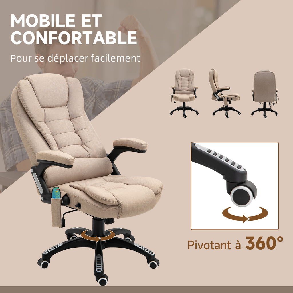 Fauteuil de bureau massant et chauffant, chaise de bureau, chaise ergonomique avec hauteur réglable, dossier inclinable et télécommande filaire, pivotant à 360° tissu en polyester marron-7