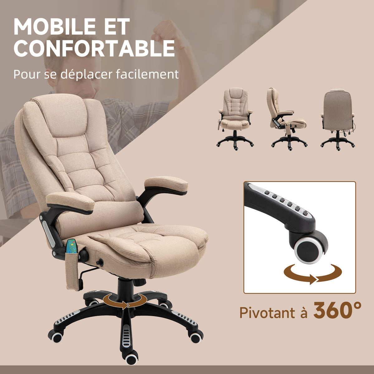 Fauteuil de bureau massant et chauffant, chaise de bureau, chaise ergonomique avec hauteur réglable, dossier inclinable et télécommande filaire, pivotant à 360° tissu en polyester marron-7