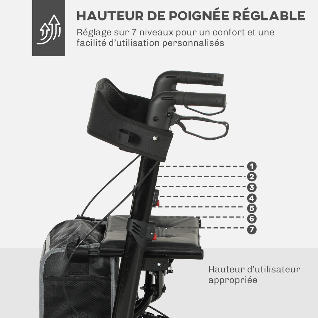 Déambulateur 4 roues pliable, rollator en aluminium léger, siège rembourré, dossier, poignée réglable, 69x64x98,5cm noir