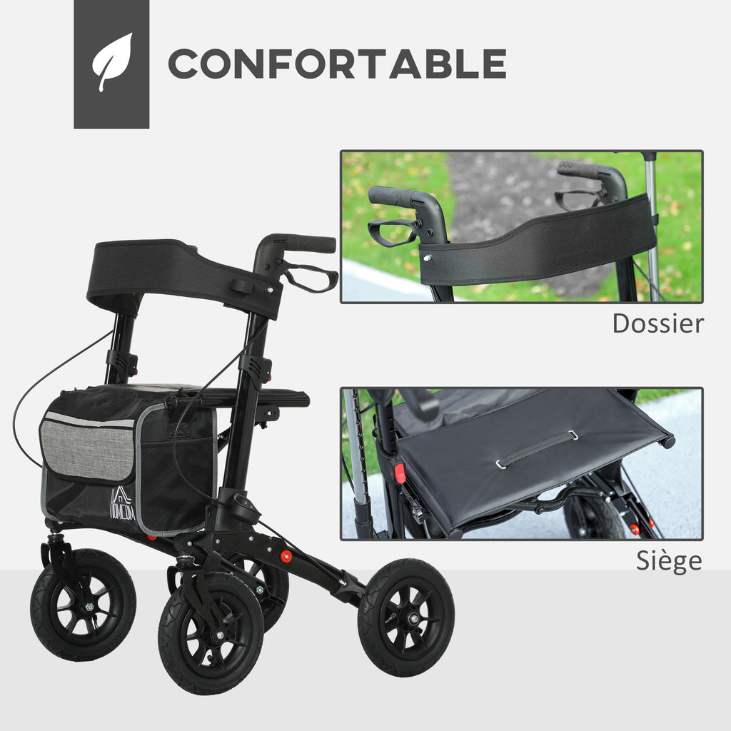 Déambulateur 4 roues pliable, rollator en aluminium léger, siège rembourré, dossier, poignée réglable, 69x64x98,5cm noir