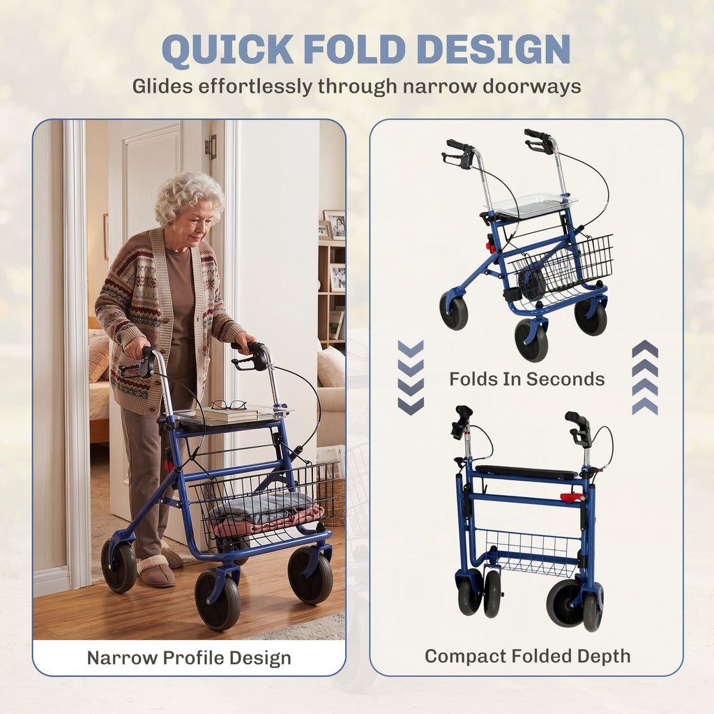 Déambulateur 4 roues pliable, rollator en acier inoxydable, siège rembourré en PU, poignée réglable, bleu