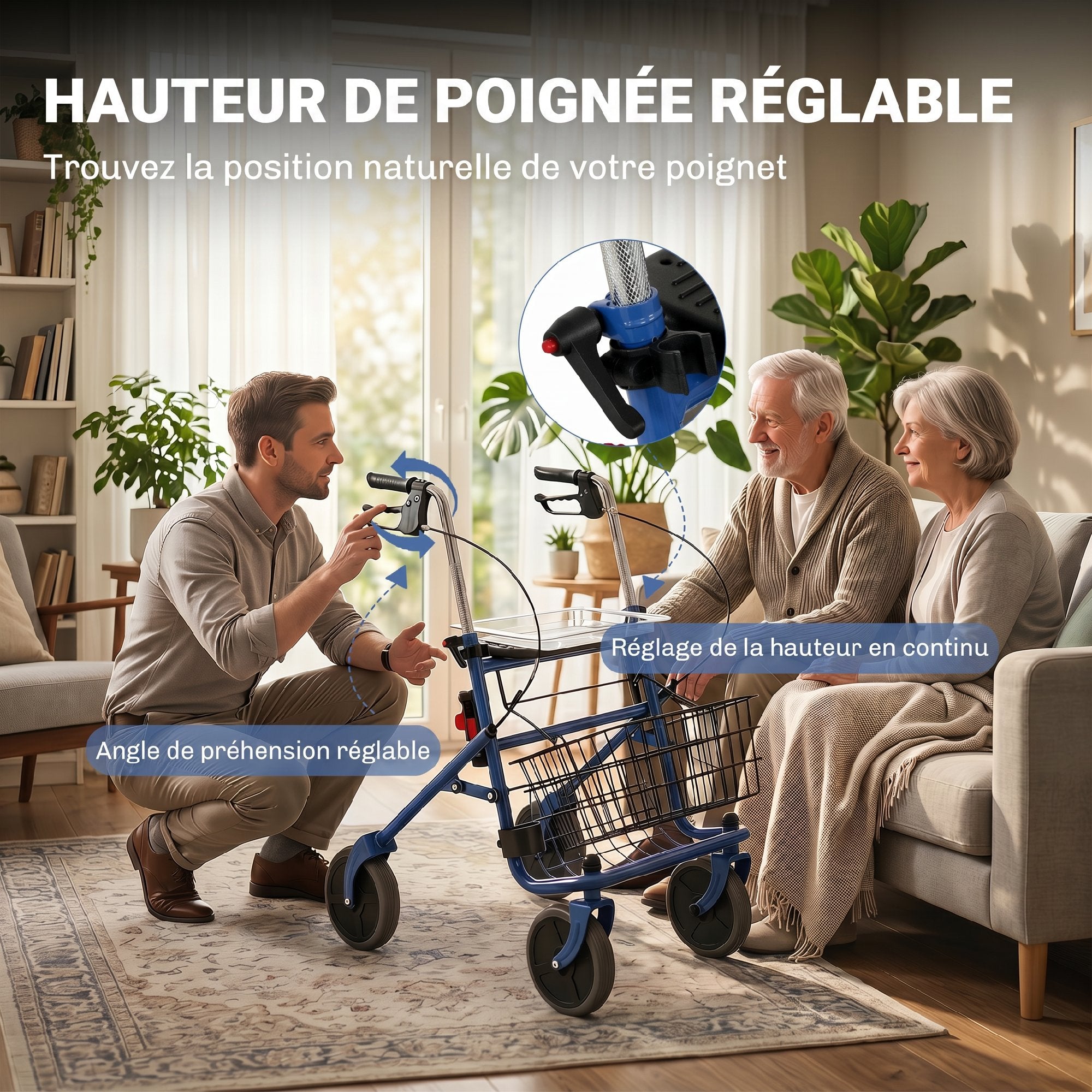 Déambulateur 4 roues pliable, rollator en acier inoxydable, siège rembourré en PU, poignée réglable, bleu