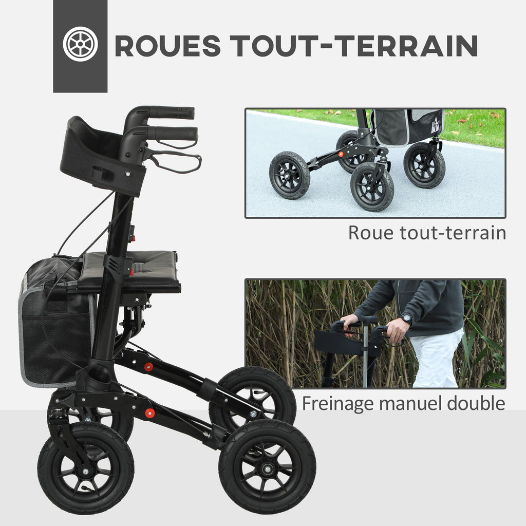 Déambulateur 4 roues pliable, rollator en aluminium léger, siège rembourré, dossier, poignée réglable, 69x64x98,5cm noir