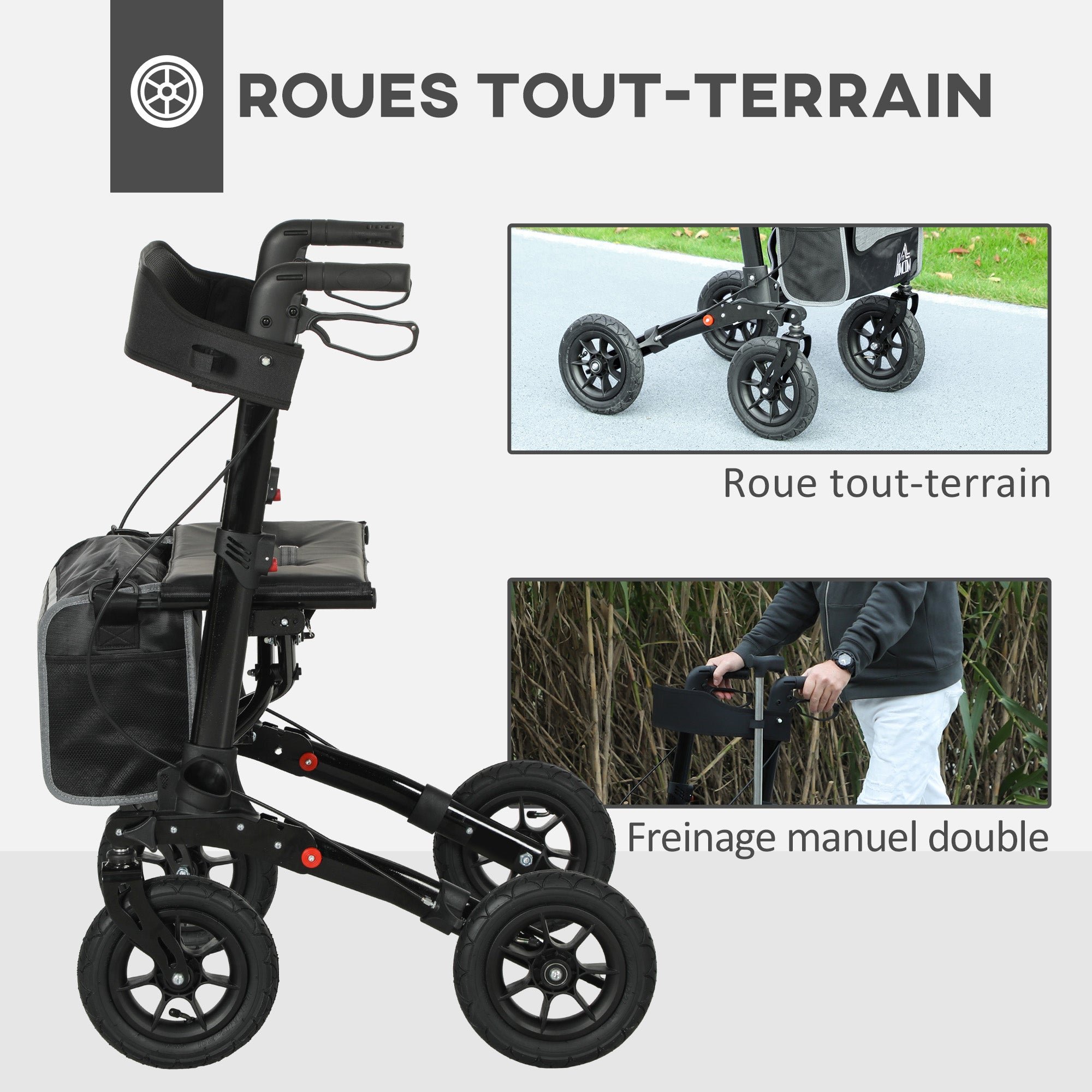 Déambulateur 4 roues pliable, rollator en aluminium léger, siège rembourré, dossier, poignée réglable, 69x64x98,5cm noir