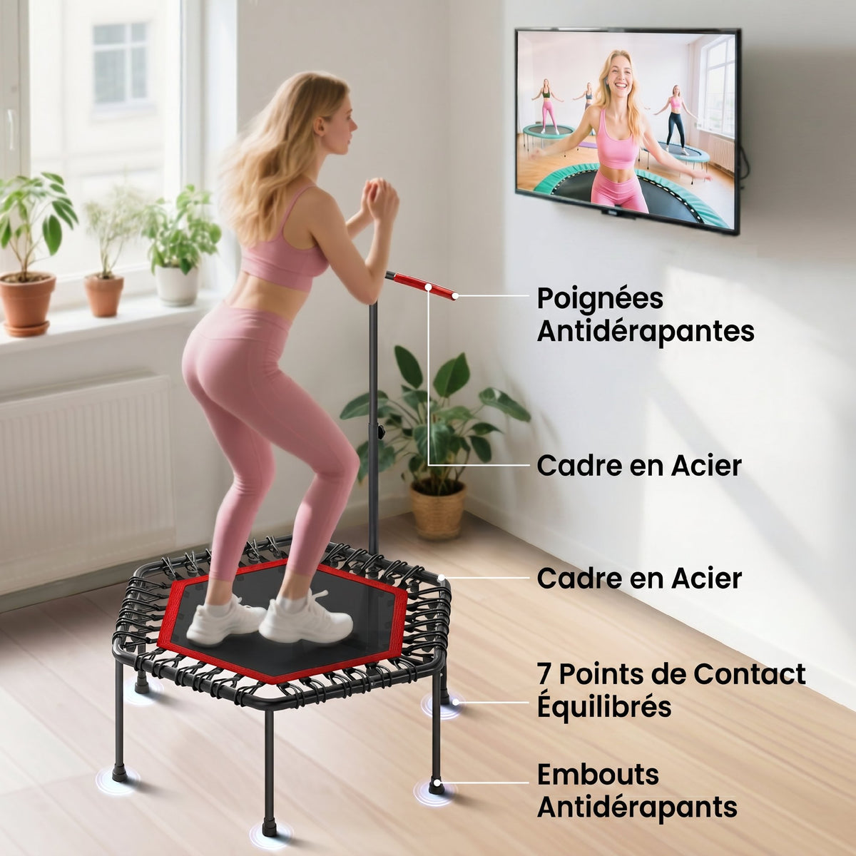 Fitness-trampoliini tukikahvalla, 114 cm, punainen