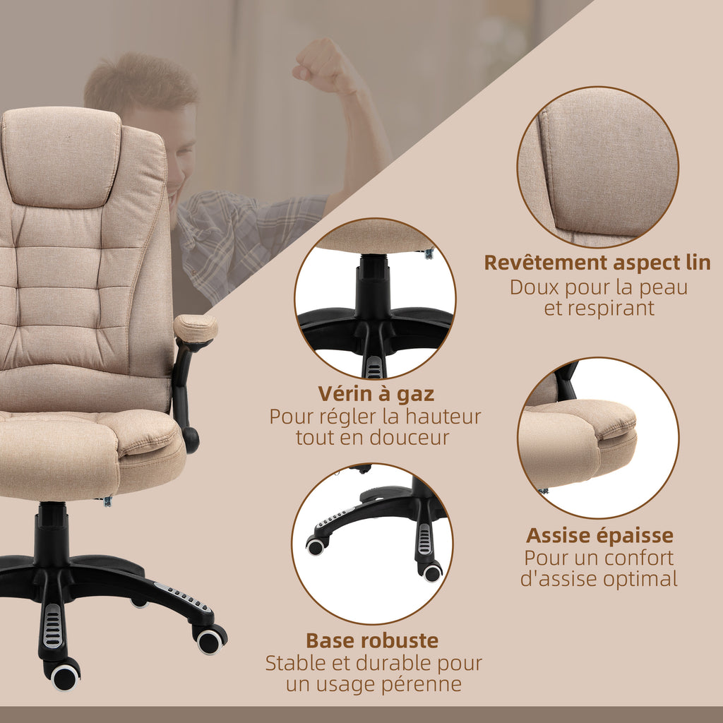 Fauteuil de bureau massant et chauffant, chaise de bureau, chaise ergonomique avec hauteur réglable, dossier inclinable et télécommande filaire, pivotant à 360° tissu en polyester marron-8