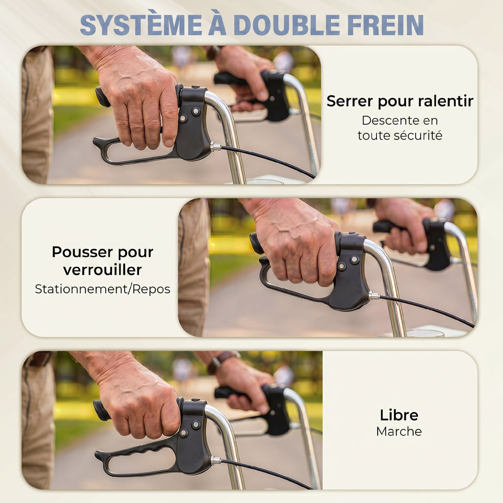 Déambulateur 4 roues pliable, rollator en acier inoxydable, siège rembourré en PU, poignée réglable, bleu