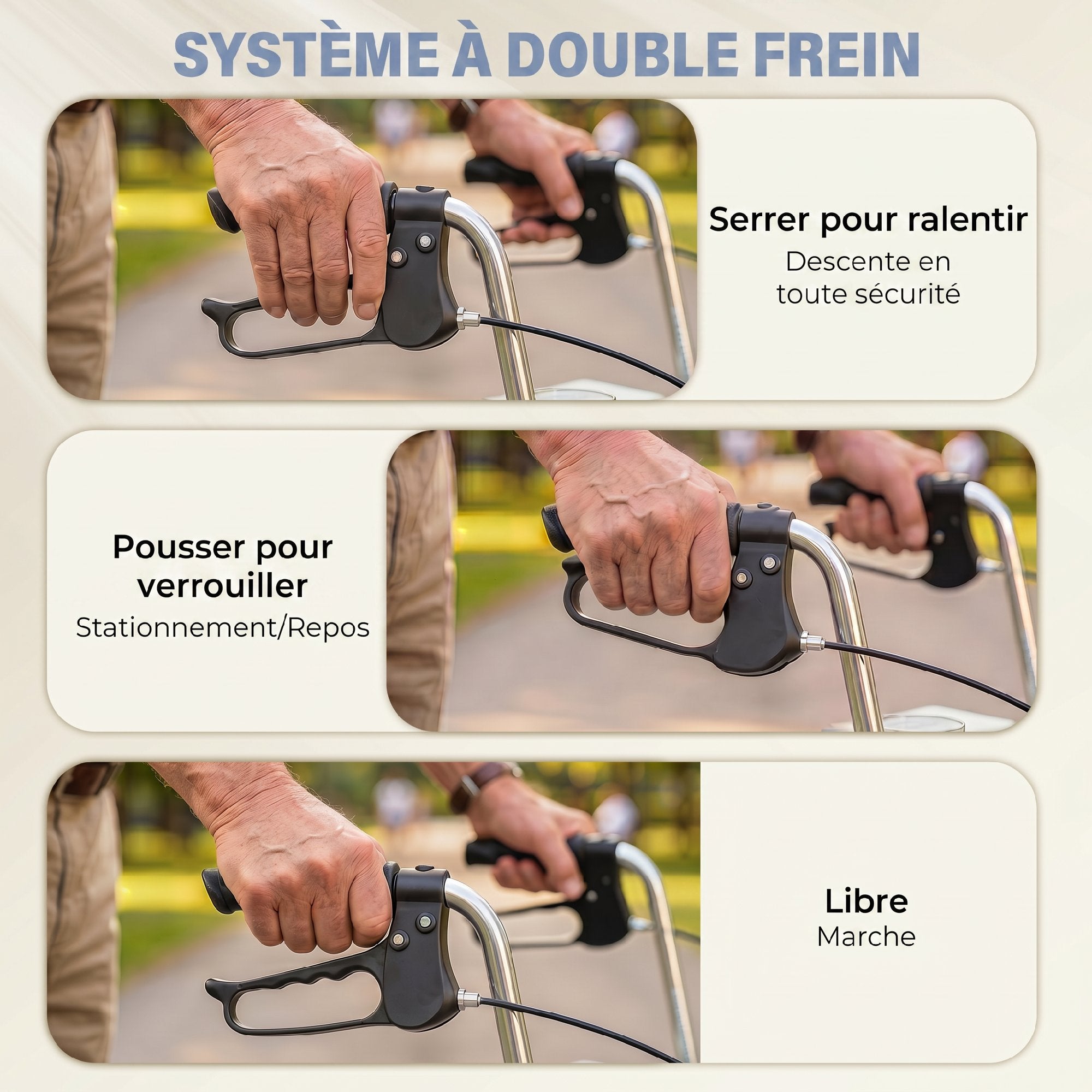 Déambulateur 4 roues pliable, rollator en acier inoxydable, siège rembourré en PU, poignée réglable, bleu