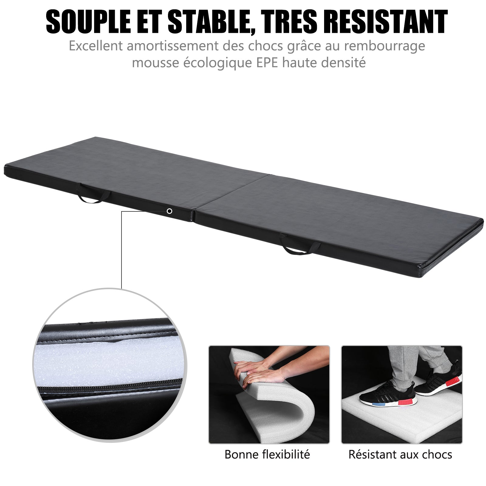 Tapis de gymnastique yoga pilates fitness pliable portable grand confort 180L x 60l x 5H cm revêtement synthétique noir