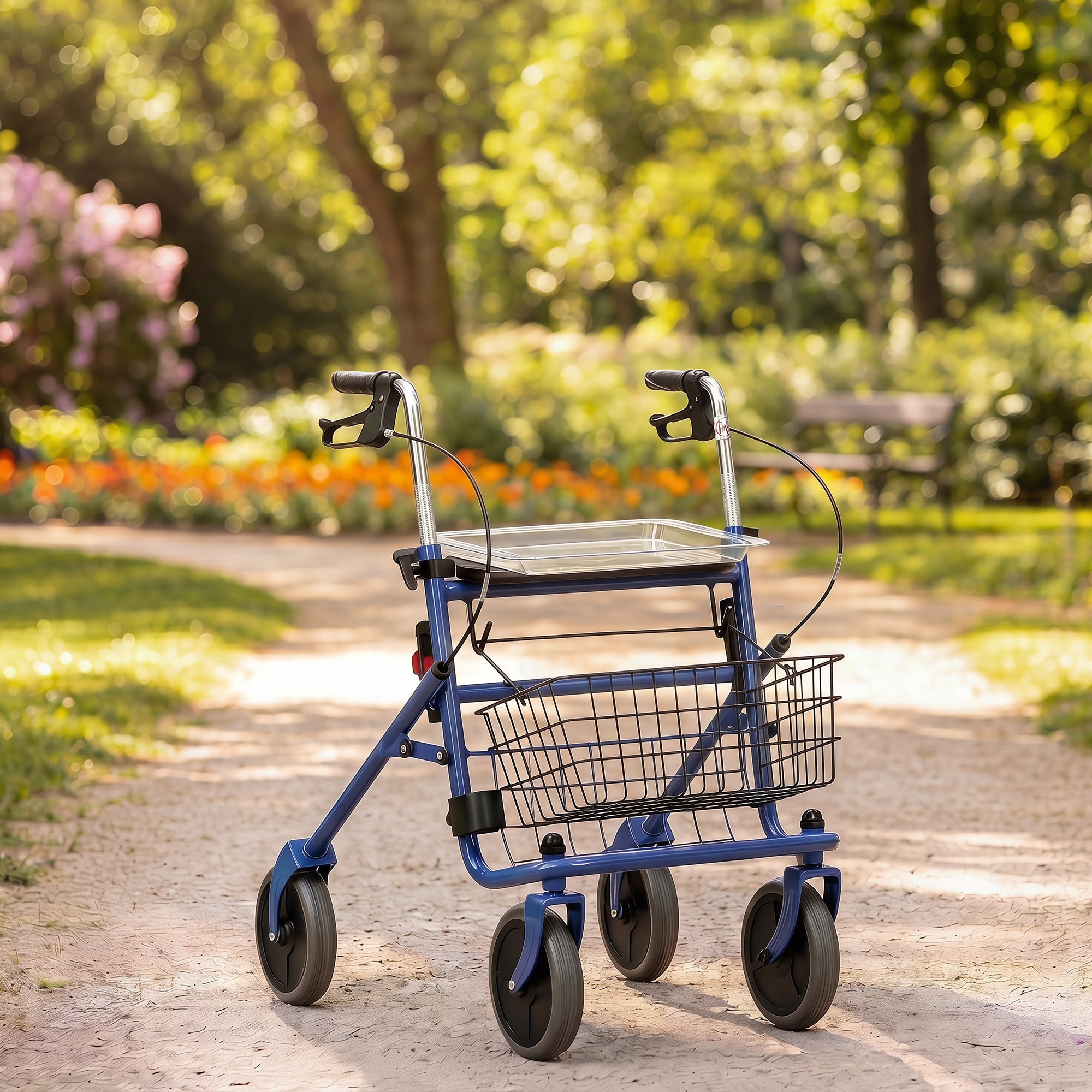 Déambulateur 4 roues pliable, rollator en acier inoxydable, siège rembourré en PU, poignée réglable, bleu
