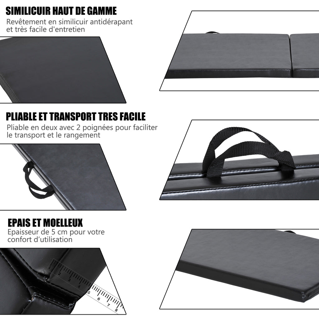 Tapis de gymnastique yoga pilates fitness pliable portable grand confort 180L x 60l x 5H cm revêtement synthétique noir