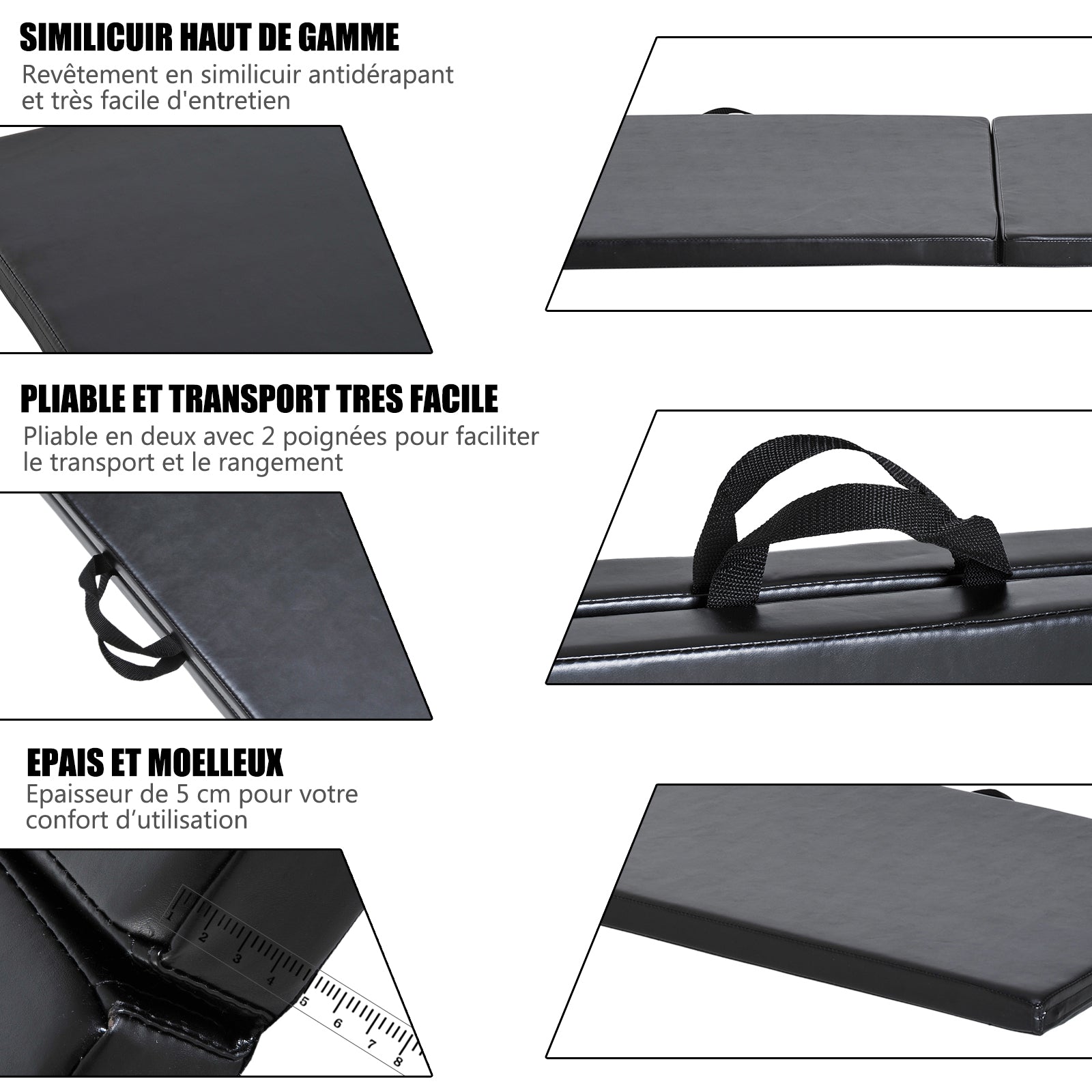 Tapis de gymnastique yoga pilates fitness pliable portable grand confort 180L x 60l x 5H cm revêtement synthétique noir