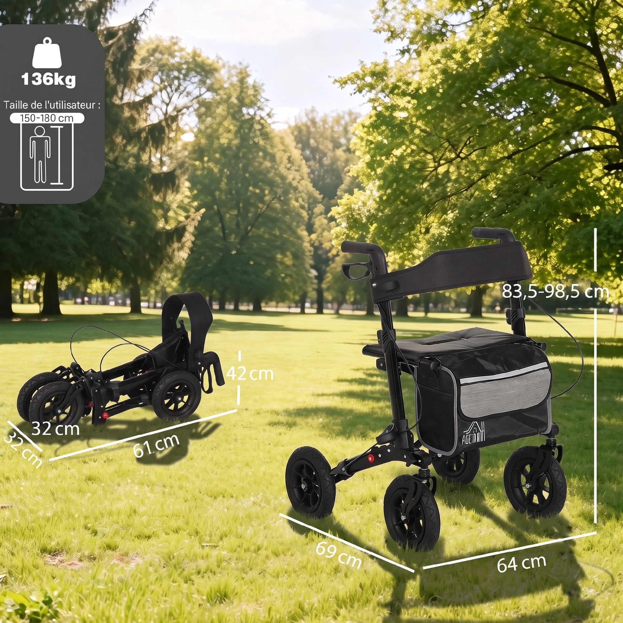 Déambulateur 4 roues pliable, rollator en aluminium léger, siège rembourré, dossier, poignée réglable, 69x64x98,5cm noir