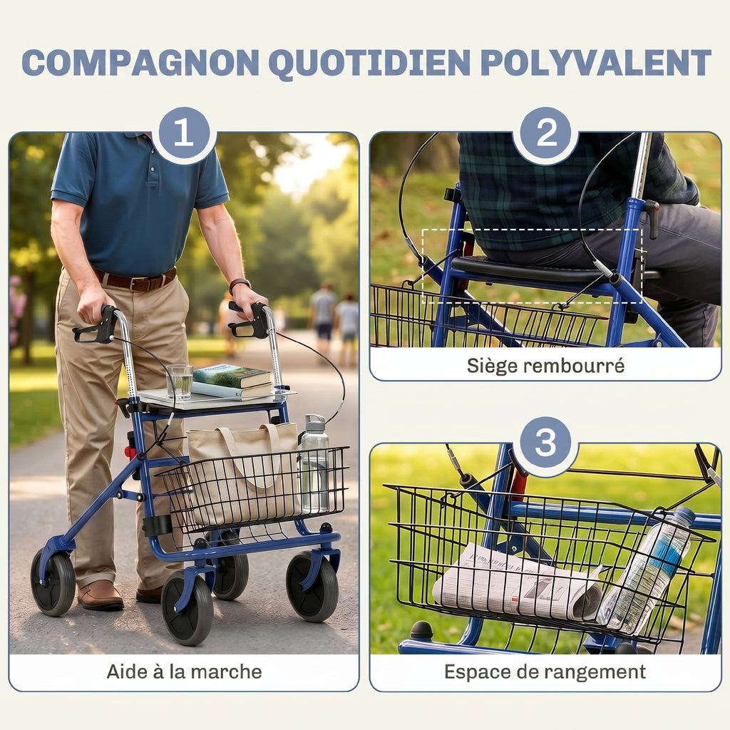 Déambulateur 4 roues pliable, rollator en acier inoxydable, siège rembourré en PU, poignée réglable, bleu