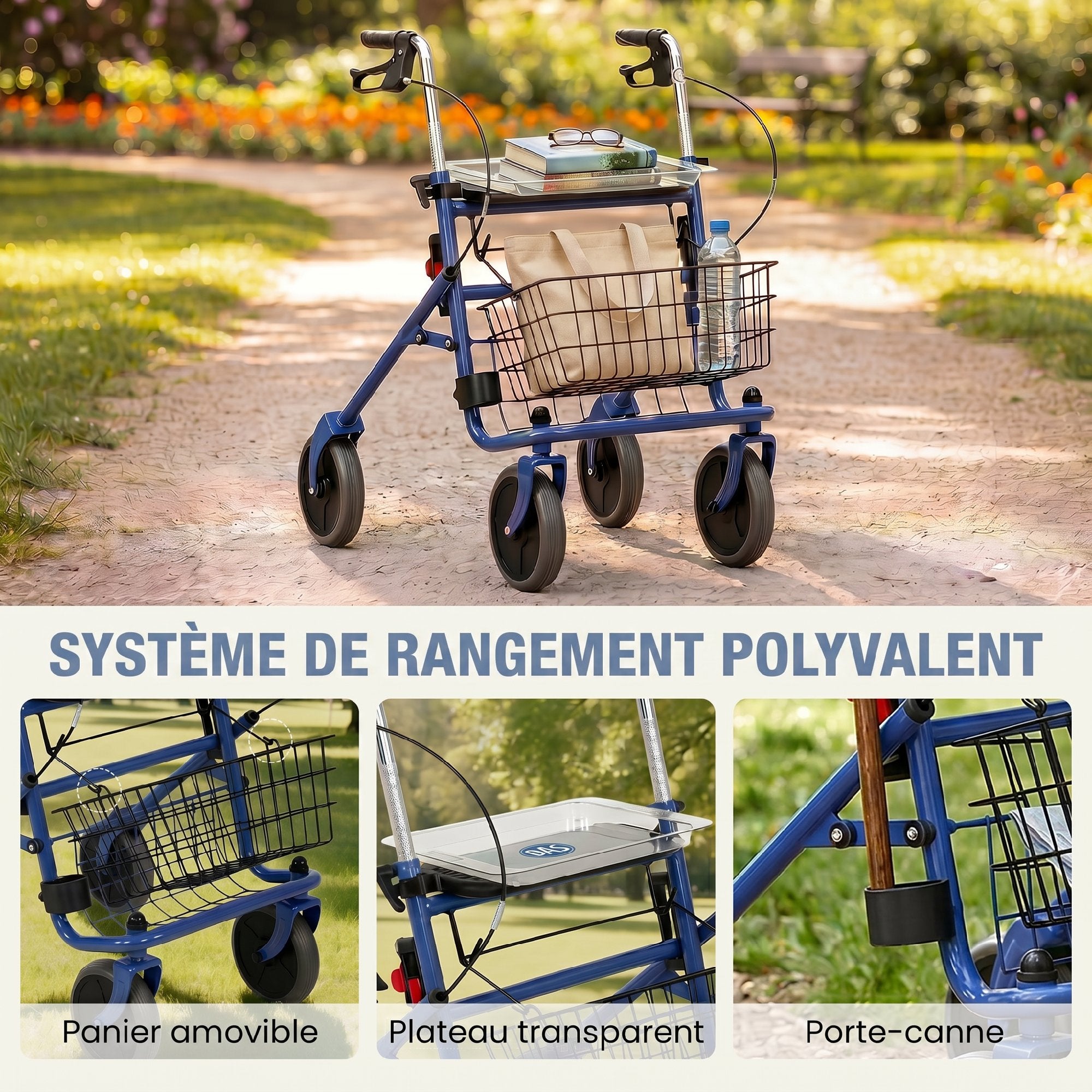 Déambulateur 4 roues pliable, rollator en acier inoxydable, siège rembourré en PU, poignée réglable, bleu